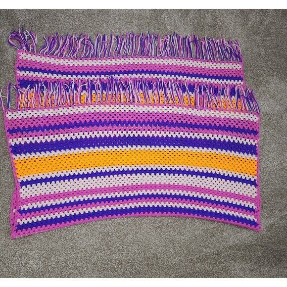 Vtg Crochet Afghan Blanket Throw Pink Stripe Twin Fringe 4 x 6 Blanket Sofa 70s - Picture 3 of 5